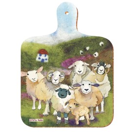 Cute Farmyard Sheep - Felted Wool Design - Colourful Mini Kitchen Chopping Board - Green/Purple/Cream - 23.5 cm