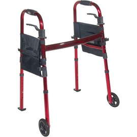 HEALTHLINE 2 Wheel Walker for Seniors & Adults - Deluxe Lightweight Foldable Walker with Wheels 5" and Legs Fold Up Plus Extra Pouches (Red)
