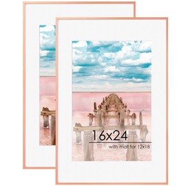FLYJOE 16x24 Frame | 16x24 Poster Frame With Mat For 12x18 | Metal Aluminum Picture Frame With Tempered Glass | Minimalist Modern Poster Frame | Hanging Hardware Included | Set of 2, Rose Gold