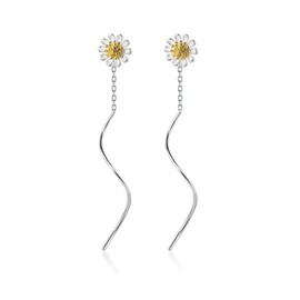 SLUYNZ 925 Sterling Silver Dangle Earrings Chain Daisy Earrings for Women Daisy Flowers Drop Tassel Earrings Threader Helix Gift