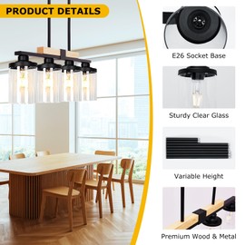 Black Farmhouse Chandelier for Dining Room, 4-Light Rustic Kitchen Island Light Fixture, Large Pendant Light Kitchen Island with Glass Shades, Dining Room Ceiling Light Fixtures Over Table