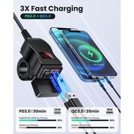 Randpow Motorcycle USB Charger(38W), 6.8A USB Type C 2-in-1 Motorcycle Phone Charger Port, SAE to USB Adapter with ON/Off Switch and LED Voltage Monitor, Suitable for Dirt Bike, ATV (Red)