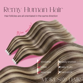 Moresoo Brown and Blonde Tape in Hair Extensions Human Hair Highlights Dark Brown with Honey Blonde Tape in Extensions Real Human Hair 24 inch 50g/20pcs