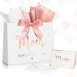 Kolldenn Large Mother's Day Gift Bag with Ribbon and Greeting Cards Tissue Paper Rose Gold Foil Happy Mother's Day Portable Gift Bag with Handle for Mom Grandmother Woman, 13 x 10 x 4.7 ''