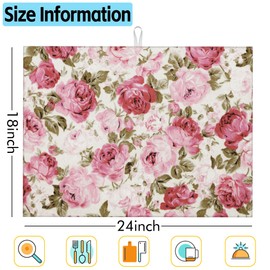 Large Dish Drying Mat for Kitchen Counter,18"X24" Retro Red Rose Flowers Super Absorbent Reversible Microfiber Dish Drying Mat Dish Drainer Mat,Dishes Mat Drying Pad for Kitchen Countertop Coffee Bar
