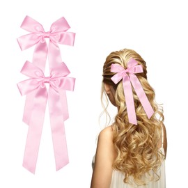 2Pcs Hair Bow Clips Ribbons Hair Bows Tassel Hair Ribbon for Women Girls, Satin Silky Hair Bows for Toddler Girls(Light Pink)