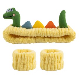 Framendino, 3 Pack Dinosaur Makeup Hairband Set SPA Headband Wristband Head Band Cute Animal Headwear for Women (Yellow)