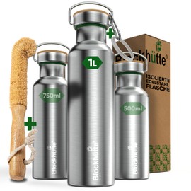 Blockhütte® Premium Stainless Steel Insulated Drinking Bottle, Leak-Proof, Includes Free Brush, for Children and Adults