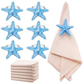 Sunnychicc 12Pcs Starfish Napkin Rings and Cotton Napkins Sea Star Ocean Coastal Nautical Napkin Holders Dinner Cloth Napkins Beach Table Decor for Summer Tables Wedding Birthday Banquet (Blue Star)