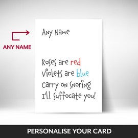 Funny Birthday Card for Husband, Wife, Boyfriend, Girlfriend. The perfect greetings card for a wedding, Anniversary, Birthday - Roses are Red Snoring