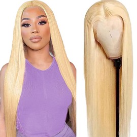 Creuost Straight Wig 4X1 T-Part Lace Frontal Human Hair Wigs No Tangle Pre Plucked Glueless Brazilian Remy With Baby Hair For Women #613 Light Blonde Color 32 Inch