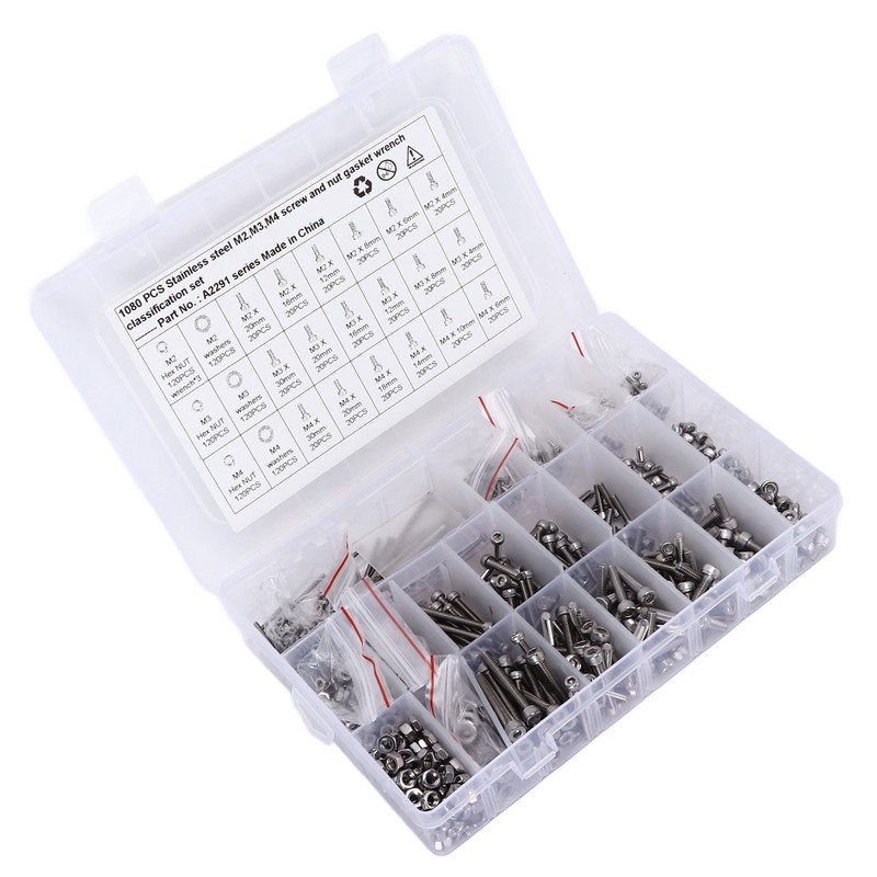 1080Pcs/Set M2 M3 M4 Screw Nut Gasket Kit Stainless Steel