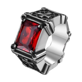 JewelryWe Men's Cross Signet Ring: Rectangular Red Onyx Gemstone Stainless Steel Pinky Ring 13MM Width Gothic Knight Gift for Lover Father Sizes 7-13