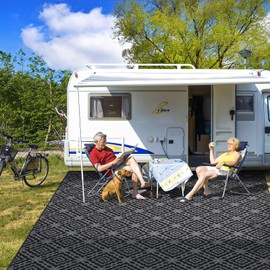 Outdoor Camping Rug Waterproof 9x18FT, Large Reversible Stain&UV Resistant Plastic Straw RV Rug for Outside Patio Pool Deck Beach Indoor, Area Carpet Mat with Portable Bag&4 Stakes-Black Grey Rhombus