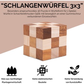 Snake Cube 3 x 3 Size L - 7.5 x 7.5 x 7.5 cm - Snake Cube - Cube Snake - 3D Puzzle - Thinking Game - Puzzle Game - Patience Game - Logic Game Made of Fine Wood