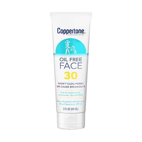 Coppertone Face Sunscreen SPF 30, Oil Free Sunscreen for Face, Water Resistant SPF 30 Sunscreen Face Lotion, Travel Size Sunscreen, 3 Fl Oz Tube