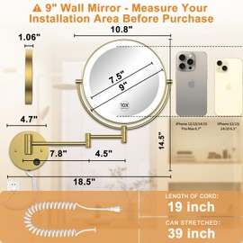 Gospire 9” Wall Mounted Lighted Magnifying Mirror, 1X/10X Magnification Double-Sided LED Bathroom Mirror, 3 Color Lights & Stepless Dimming with Touch Sensor, Extendable Arm 360° Swivel for Shaving