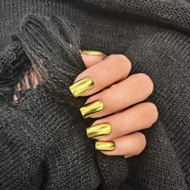 Gold Chrome Square Press on Nails Short Medium, SXVME Metallic Fake Nails Acrylic Press ons, Mirror Metal Chrome Glue on Nails Medium,Short Coffin False Nail in 24 PCS