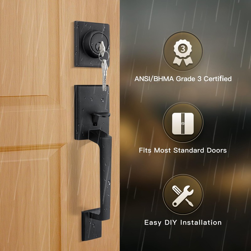 Gaurqiah Front Door Handle Set with Reversible Lever, Heavy-Duty Exterior