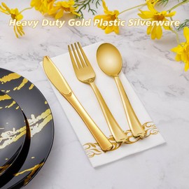 150PCS Gold Plastic Silverware, Heavy Duty Gold Silverware Disposable, Plastic Gold Dinnerware Set of 50 Gold Forks, 50 Gold Spoons, 50 Gold Knives for Weddings, Parties Plastic Utensils