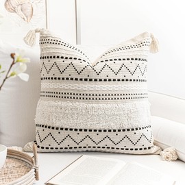 BlissBlush Decorative Throw Pillow Cover 18X18 Square Boho Black Neutral White Accent Pillowcase Tassels Farmhouse Cushion for Couch Sofa Bedroom Living Room Home Décor (Cover ONLY, Pack of 1)