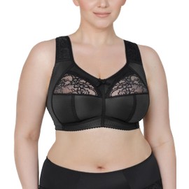 Full Cup Bra, Soft Minimiser, Without Underwire, with Lace, Large Sizes, Wide Straps, Laminated Cotton, Soft, Stable Support, Large Breasts, Comfortable for Everyday Use, black