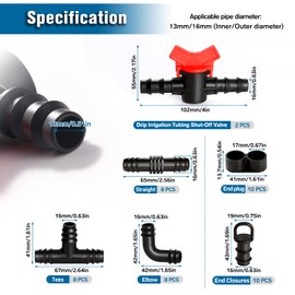 VooGenzek 42 Pieces 16 mm Irrigation Connection Kit, Plug Barb Hose Connector 16 mm Irrigation System, Gate Valve Valves, Straight, Arcs, T-Pieces, End Caps, End Plugs