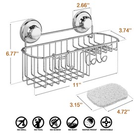 HASKO Suction Cup Shower Caddy Basket for Shampoo, Shower Suction Shelf Organizer, Basket with Soap Holder and Hooks, Stainless Steel Shampoo Holder for Bathroom Storage (Chrome)