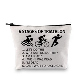 PXTIDY Triathlon Gifts Six Stages of Triathlon Tri Harder Triathlete Cosmetic Bag Swimming Cycle Running Gift for Triathlon Athletes, beige