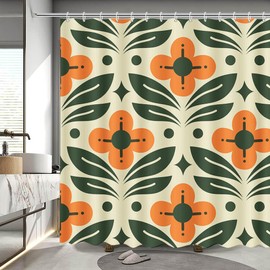 MEHOFOND Orange Floral Shower Curtain Vintage Mid Century Modern Abstract Geometric Green Plant Bathroom Curtain Boho Retro Classic 1950S 60S Bathtub Decor Fabric Waterproof Bath Curtain 72x72 Inch