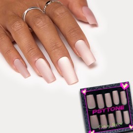 PSYTONE Glossy Frosted Cat Eye Press on Nails Medium Square with Glue, Fake Nails Resistant to Falling Off, Perfect Fit and Reusable Press on Nails, 15 Sizes 30 Pieces Nail Kit, Nudelicious