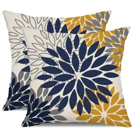 Blue Yellow Flower Pillow Covers 16x16 Inch Set of 2 Outdoor Throw Pillows Outdoor Waterproof Decor for Living Room Sofa Patio Funiture Garden Floral Linen Cushion Case 02Z