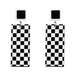 Dainty Long Rectangle Checker Acrylic Dangle Drop Earrings for Women Fashion Trendy Post Stud Dangling Lightweight Hypoallergenic Jewelry (Black White, One size)