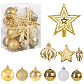 MTSCE 34-Piece Christmas Bauble Set - Christmas Tree Baubles Plastic Tree Decoration with Gold Christmas Tree Topper Stars Pine Cones Christmas Tree Decoration Christmas Decoration Indoor