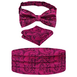 Alizeal Mens Classic Paisley Pre-tied Party Adjustable Bow Tie, Cummerbund and Pocket Square Set, Black+Hot Pink