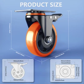 4 Inch Caster Wheels Heavy Duty 2200Lbs, Casters Set of 4 with Safety Dual Locking, Swivel Industrial Plate Casters, No Noise Wheels for Cart, Furniture(Bonus of 2 Hardware Kits & Gloves)