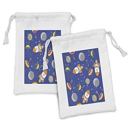 Ambesonne Cartoon Fabric Pouch Set of 2, Outer Space Themed Moon Spaceship and UFO Pattern on Bullseye Circles Backdrop, Small Drawstring Bag for Toiletries Masks and Favors, 9" x 6", Multicolor