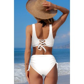 Beachsissi Women's Cross Back Swimsuits, Leopard, Twist Front, Swimwear, Drawstring, Side Bikini Sets, White