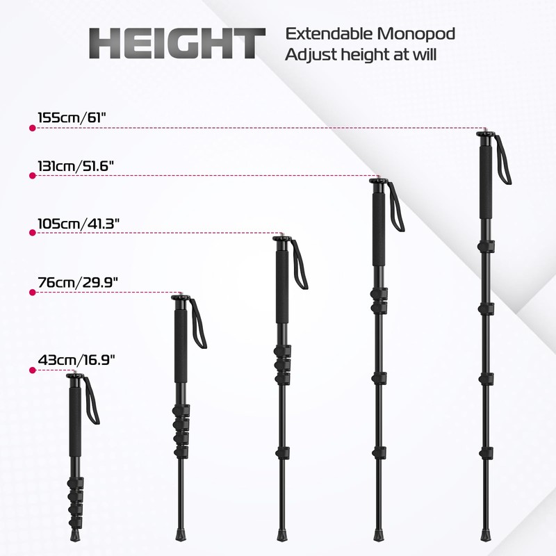ULANZI TB12 Camera Monopod, 61" Aluminum Photography Monopod with 5-Section