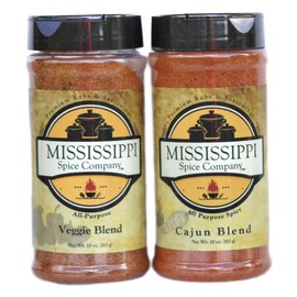 Mississippi Spice Company Premium Rubs & Seasonings, Veggie and Cajun Blends, All-Purpose, 10 oz (2- Bottles, Veggie/Cajun)
