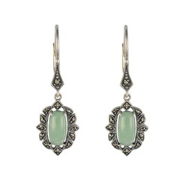 Esse Marcasite Sterling Silver Art Nouveau Oblong Green Jade & Marcasite Leverback Earrings of 3.7cm