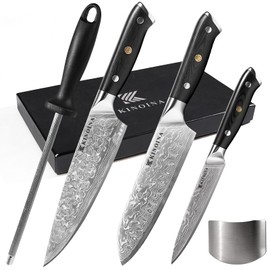 KINOINA 5-Piece Damascus Knife Set - Ultra-Sharp Professional 67-Layer VG10 Core Damascus Chef Knife Set | Includes 8 Inch Chef Knife, Santoku Knife, Kitchen Knife Sharpener, G10 Full Tang Handle