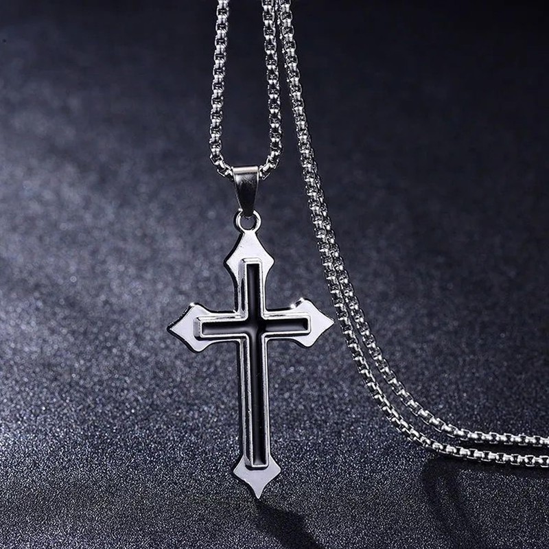 LUSKINNO Traditional Men's Titanium Steel Cross Necklace, Black Bright Cross