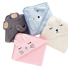Newborn & Kids Embroidered Cartoon Hooded Bathrobe 80x80cm/White Cat 4ea