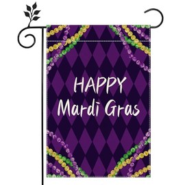 Happy Mardi Gras Beads Garden Flag 12 x 18 Inch Double Sided Decorative Flag Home Outside Yard Lawn Outdoor Decoration Garden Flag -B