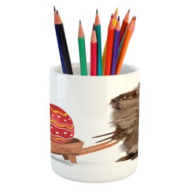 Ambesonne Easter Pencil Pen Holder, Easter Rabbit with Brushes and a Painted Egg in a Cart Humorous Animal Photograph, Printed Ceramic Pencil Pen Holder for Desk Office Accessory, Multicolor