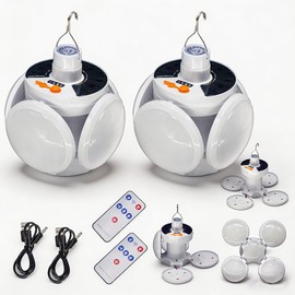 2 Pack Folding Solar Camping Lights , USB Rechargeable Hanging Camping Lanterns with Remote, Canopy Pop Up Tent Lights for Vendors Booths, Solar Bulbs Indoor Home for Outdoor Emergency Power Outage