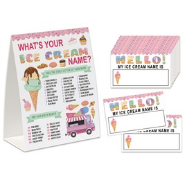 Ice Cream Birthday Party Game, What’s Your Ice Cream Name Game(One Sign+30 Name Tag Stickers), Girl Summer Birthday Party,Fun Games For School Office Home Party,Baby Shower Game-MZC02