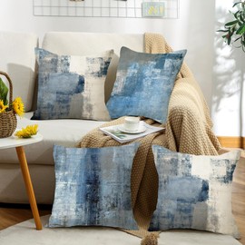 Hykiee Cushion Covers, 45 x 45 cm, Blue, Set of 4 Cushion Covers, Boho, Decorative Cushion, Square, Soft Throw Pillow Cover, Abstract Art Cushion Covers for Living Room, Sofa, Couch, Bedroom, Outdoor,