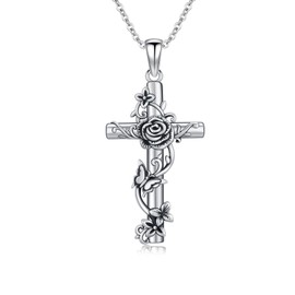 Hagkew Vintage Rose Cross Pendant Necklace ，Dainty Cross Necklace for Women Copper Engraved Flower Butterfly Religious Pendant Jewelry, Christian Faith Jewelry Gifts for Women Men